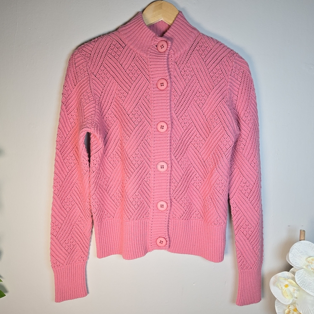 Jones New York Sport Pink Chunky Knit Button Up Sweater Cottagecore Fairy Large